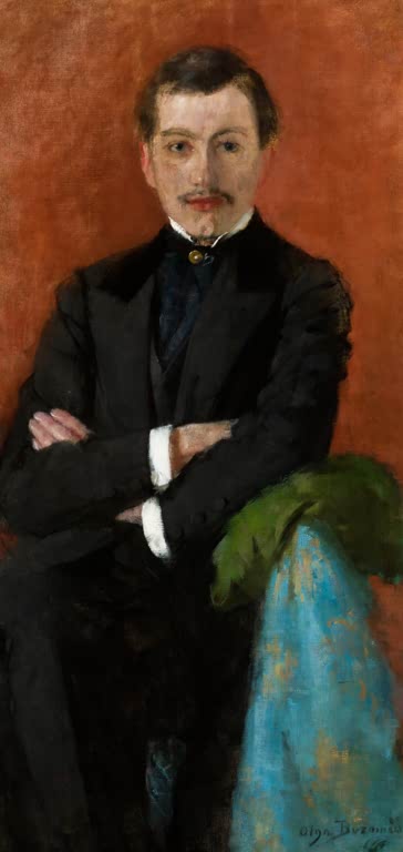 Olga Boznańska Bildnis Józef Czajkowski, Fassung von 1892 Kunstkopie, Mann mit verschränkten Armen vor orangefarbenem Grund