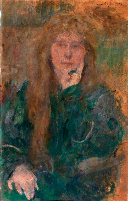 Olga Boznańska Bildnis Natalie Barney Kunstkopie, Frau mit langem rötlichem Haar in grünem Kleid vor orangem Grund