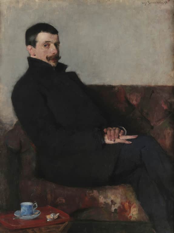 Olga Boznańska Bildnis Paul Nauen Kunstkopie, Mann im dunklen Mantel auf einem Sofa mit Teetasse auf rotem Tablett