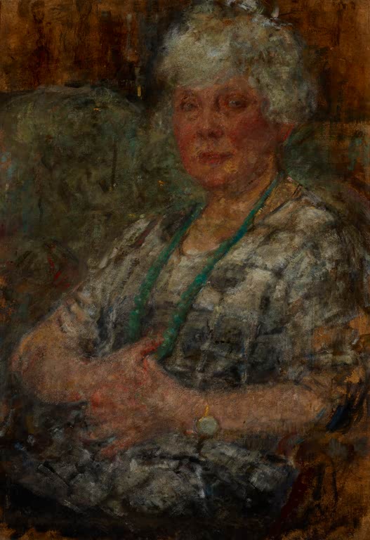Olga Boznańska Bildnis Thomasson Kunstkopie, grauhaarige Person im karierten Kleid mit grüner Kette