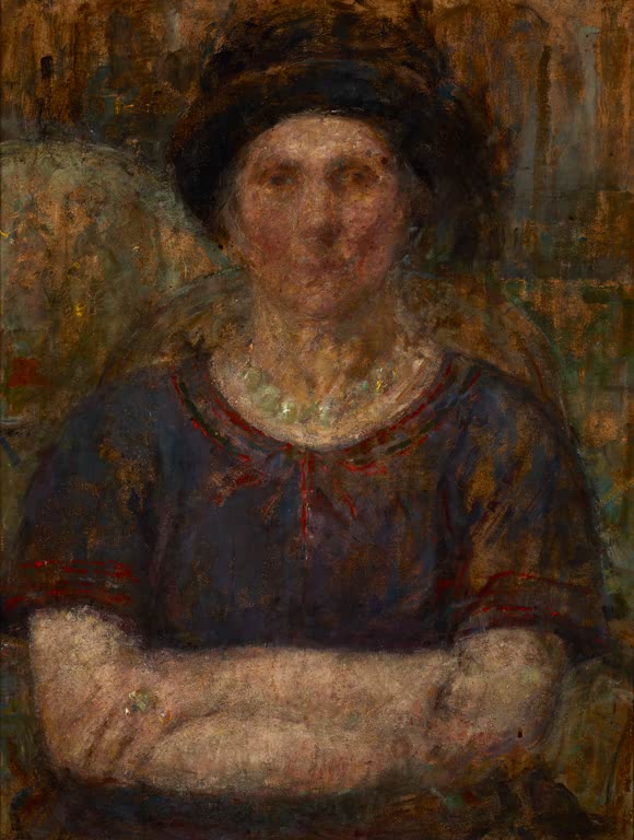 Olga Boznańska Bildnis von Frau Bankiewicz Kunstkopie, Frau mit Hut und Perlenkette, Arme verschränkt