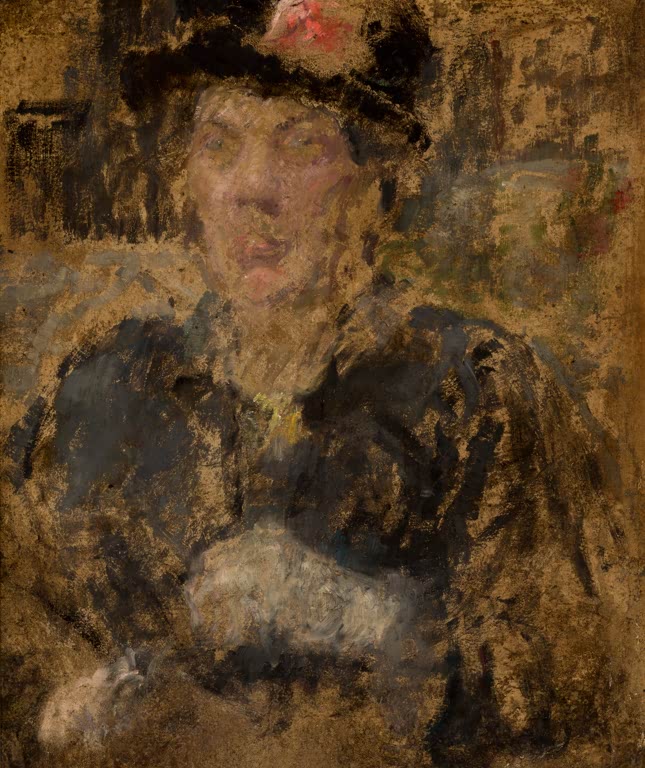 Olga Boznańska Bildnis von Frau Roubaud Kunstkopie, Frau mit schwarzem Hut und rosa Blume auf goldbraunem Grund