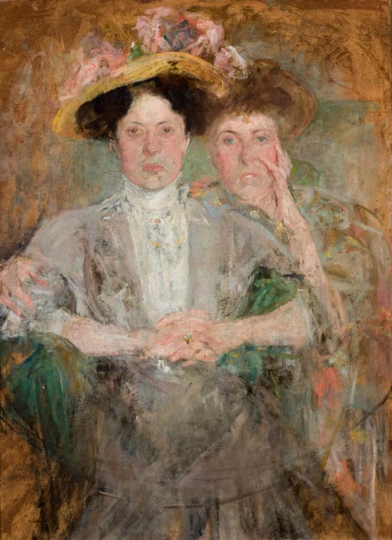 Olga Boznańska Bildnis zweier junger Damen Kunstkopie, zwei junge Frauen, eine mit Strohhut und rosa Blumen