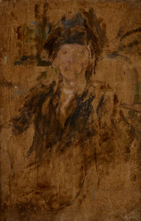 Olga Boznańska Bildnisskizze einer Frau mit Hut Kunstkopie, Frauenfigur mit dunklem Hut in warmem braunem Grund