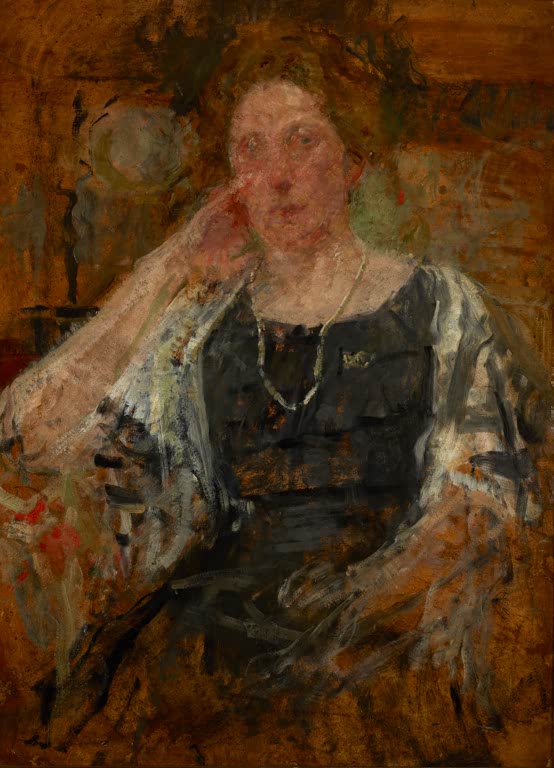Olga Boznańska Bildnisskizze einer Frau mit Perlenkette Kunstkopie, Frau im dunklen Kleid, Hand an die Wange gelegt