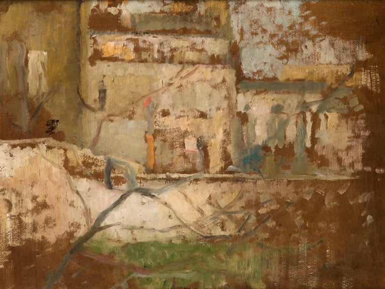 Olga Boznańska Blick aus dem Atelierfenster, um 1900 Kunstkopie, Hauswand und niedrige Mauer hinter kahlen Zweigen