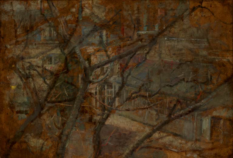 Olga Boznańska Blick aus dem Atelierfenster, um 1914 Kunstkopie, Dächer und Fassaden hinter einem Geflecht kahler Äste