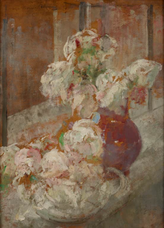 Olga Boznańska Blumen auf der Fensterbank Kunstkopie, weiße Blüten in einer rotbraunen Vase und einer Schale am Fenster