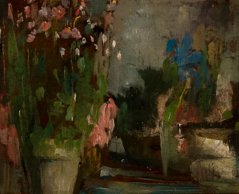 Olga Boznańska Blumen auf einer Terrasse Kunstkopie, rosa Blüten in einem Blumentopf vor dunkelgrünem Grund