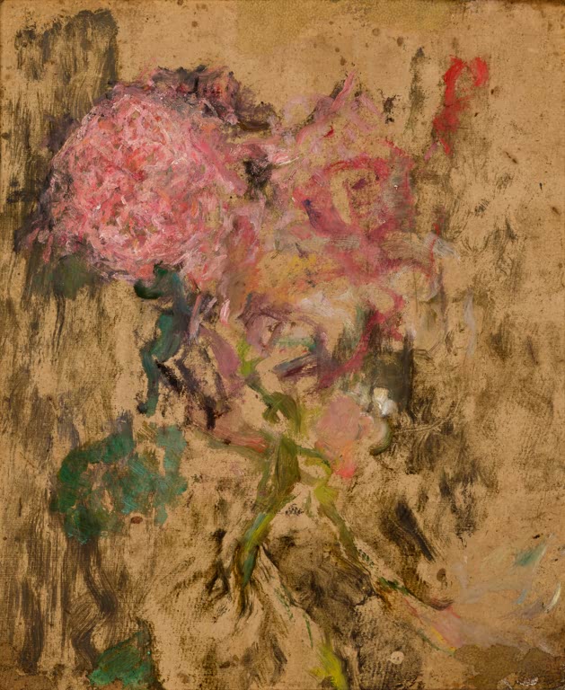 Olga Boznańska Blumen und Landschaftsmotiv Kunstkopie, rosa Blüten mit grünen Blättern auf unbemaltem Kartongrund
