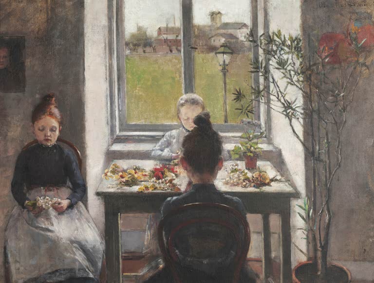 Olga Boznańska Blumenmädchen Kunstkopie, drei Mädchen binden Blüten an einem Tisch vor einem hellen Fenster