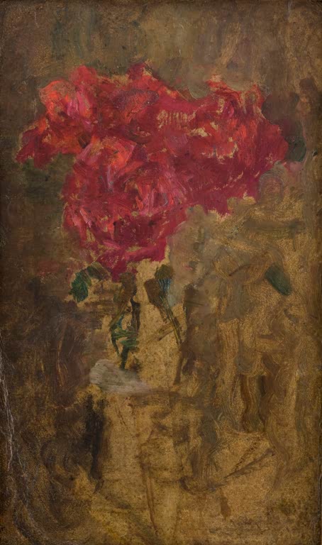 Olga Boznańska Blumenstudie Kunstkopie, leuchtend rote Blüten vor einem erdbraunen, locker gemalten Hintergrund