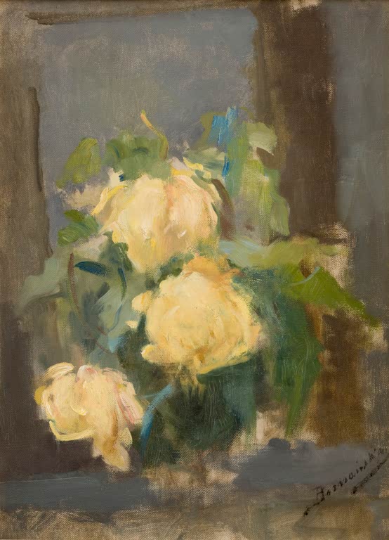 Olga Boznańska Goldene Rosen Kunstkopie, drei cremegelbe Rosen mit grünen Blättern vor blaugrauem Hintergrund, signiert
