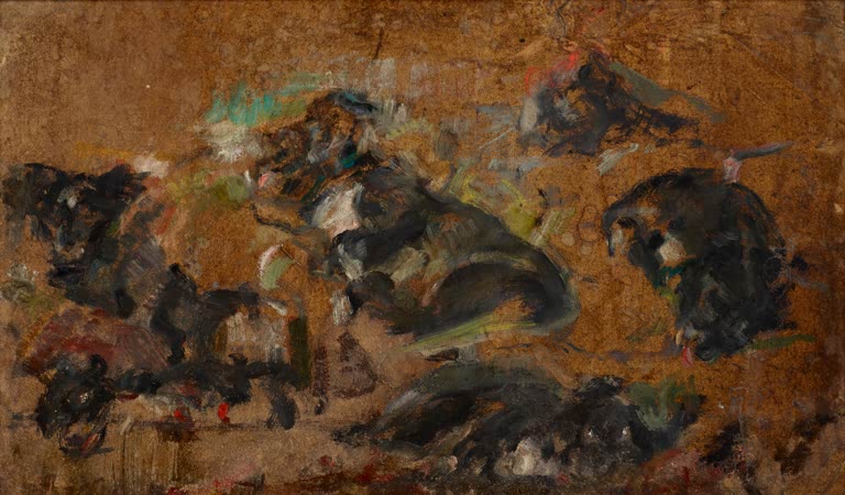 Olga Boznańska Hundestudien Kunstkopie, mehrere dunkle Hunde in lockeren Pinselstrichen auf goldbraunem Karton