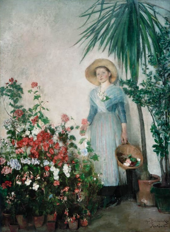 Olga Boznańska Im Treibhaus Kunstkopie, junge Frau mit Strohhut und Blumenkorb zwischen Palme und blühenden Pflanzen