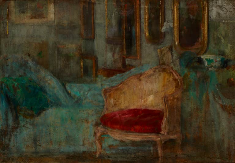Olga Boznańska Inneres des Pariser Ateliers Kunstkopie, Sessel mit rotem Polster vor Spiegeln und türkisgrünem Sofa