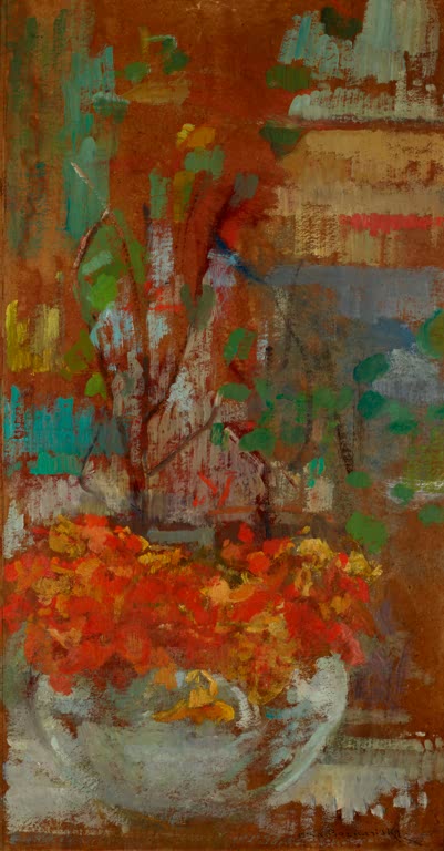 Olga Boznańska Komposition mit Kapuzinerkresse Kunstkopie, orangerote Blüten in heller Schale vor rostbraunem Grund