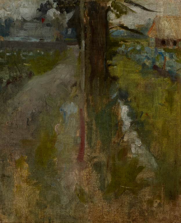Olga Boznańska Landschaftsmotiv, um 1890 Kunstkopie, Weg über grüne Wiese mit Baumstamm und Haus mit Strohdach