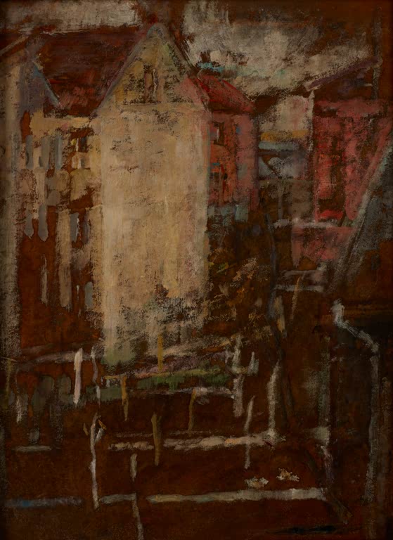 Olga Boznańska Landschaftsskizze, um 1885 Kunstkopie, Häuser mit hellen Giebeln in dunklem Braunrot