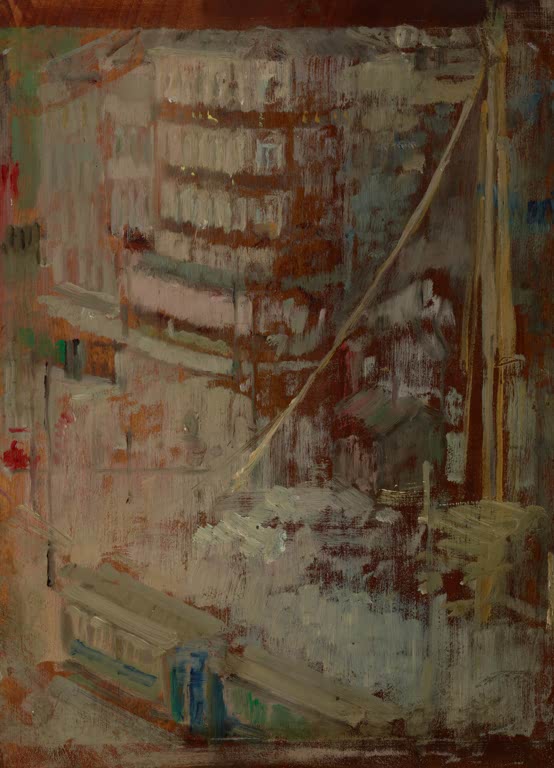 Olga Boznańska Motiv aus Paris Kunstkopie, Blick aus dem Fenster auf Häuserfronten und Straße in erdigen Farben