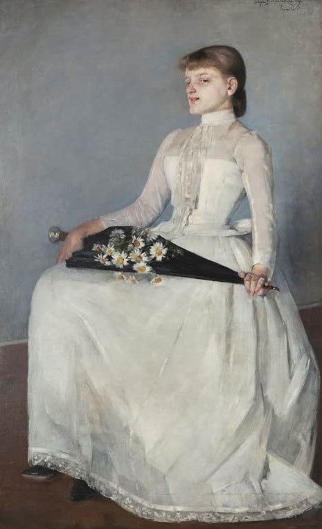 Olga Boznańska Nach dem Spaziergang Kunstkopie, junge Frau im weißen Kleid mit schwarzem Schirm und Margeriten