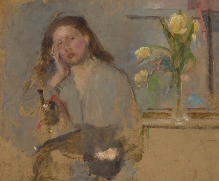 Olga Boznańska Porträtskizze eines jungen Mädchens Kunstkopie, nachdenkliches Kind mit aufgestütztem Kopf neben gelben Tulpen
