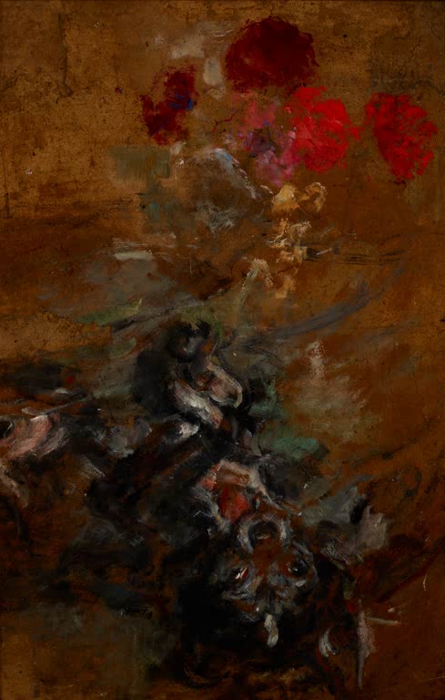 Olga Boznańska Qui-Qui, der Hund der Künstlerin Kunstkopie, dunkle Hundegestalt unter roten Blüten auf braunem Grund