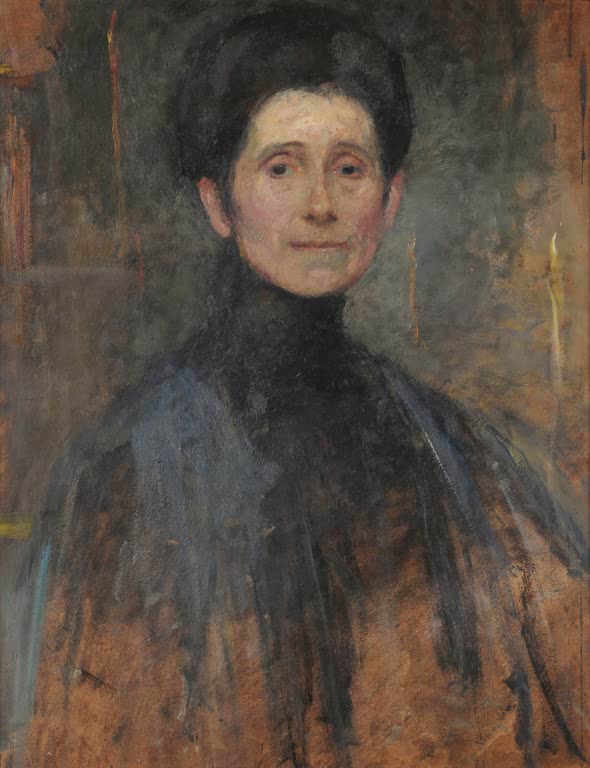 Olga Boznańska Selbstbildnis 1906 Kunstkopie, Malerin mit dunklem Haar und schwarzem Kragen vor bräunlichem Grund