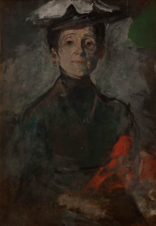 Olga Boznańska Selbstbildnis mit Blumen Kunstkopie, Malerin mit hellem Hut in dunkler Jacke mit rotem Blumenakzent