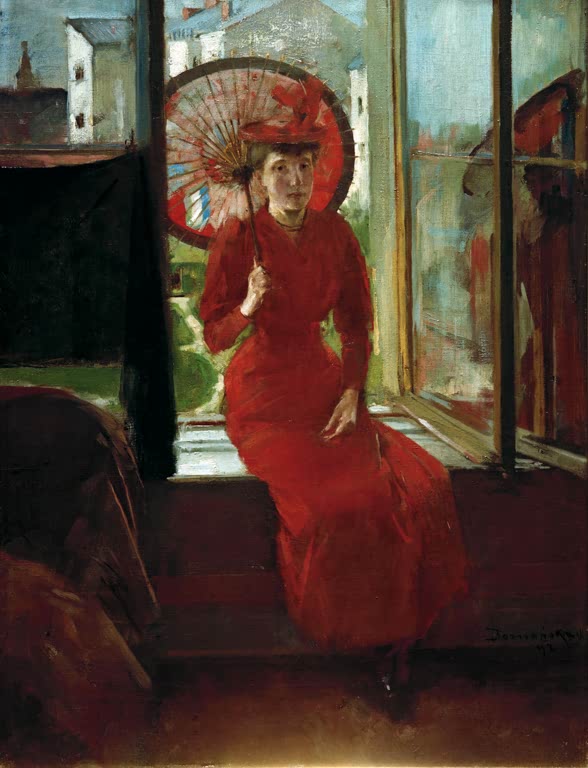 Olga Boznańska Selbstbildnis mit japanischem Schirm Kunstkopie, Frau in rotem Kleid am offenen Fenster