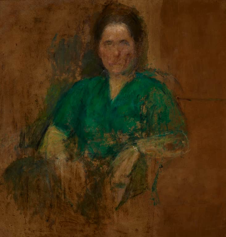 Olga Boznańska Skizze einer weiblichen Figur Kunstkopie, sitzende Frau in grüner Bluse auf Kartongrund