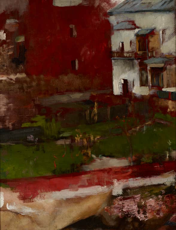 Olga Boznańska Stadthäuser I Kunstkopie, rotes Haus, weißes Haus mit Balkon und grüne Fläche