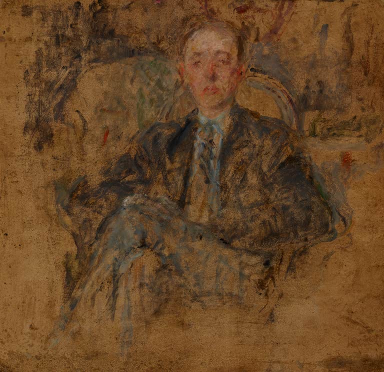 Olga Boznańska Studie einer männlichen Figur Kunstkopie, sitzender Mann im dunklen Anzug auf Ockergrund