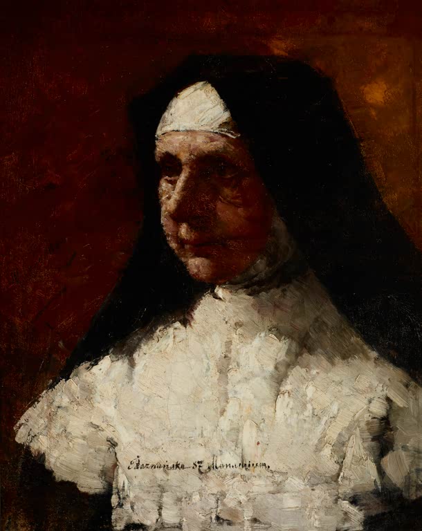 Olga Boznańska Studie einer Nonne Kunstkopie, Ordensfrau mit schwarzem Schleier und weißem Gewand vor dunkelrotem Grund