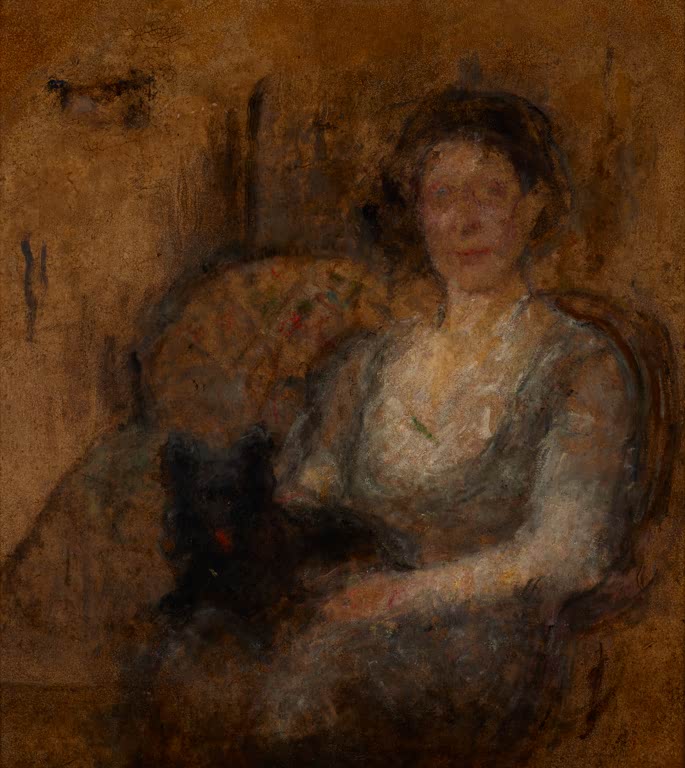 Olga Boznańska Studie einer weiblichen Figur Kunstkopie, sitzende Frau im hellen Kleid mit dunklem Tier