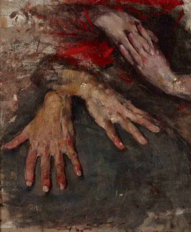 Olga Boznańska Studie zweier Händepaare Kunstkopie, zwei Paar Hände vor dunklem Grund mit roten Farbakzenten