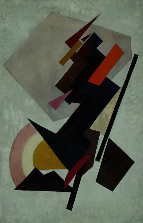 Olga Rosanowa Abstrakte Komposition (Suprematismus) Kunstkopie, dunkle Balken und Dreiecke vor grauem Vieleck und Halbkreis