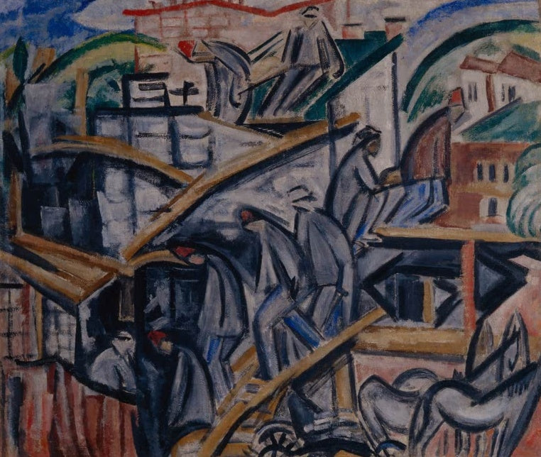 Olga Rosanowa Bau eines neuen Hauses Kunstkopie, Arbeiter auf Gerüsten und Holzbalken mit Pferd vor einer Häuserzeile