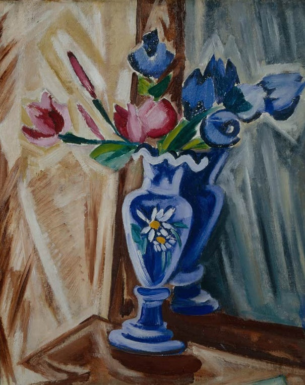 Olga Rosanowa Blaue Vase mit Blumen Kunstkopie, blaue Vase mit Margerite und rosa und blauen Blüten vor beigem Grund