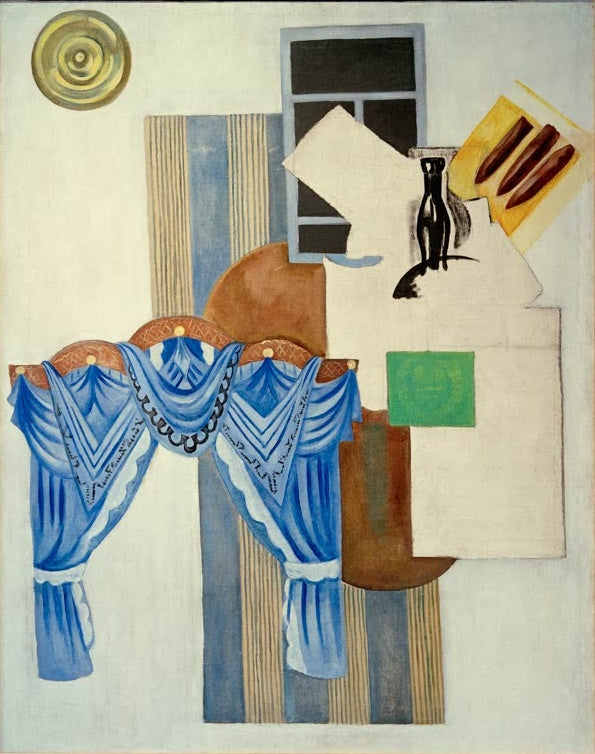 Olga Rosanowa Das Zimmer Kunstkopie, Interieur mit blauem Vorhang, Fenster, gestreiftem Stoff und Flasche