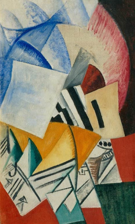 Olga Rosanowa Der Schrank Kunstkopie, gebrochene Flächen in Blau, Ocker, Weiß und Rot mit Streifen und rosa Rundbogen