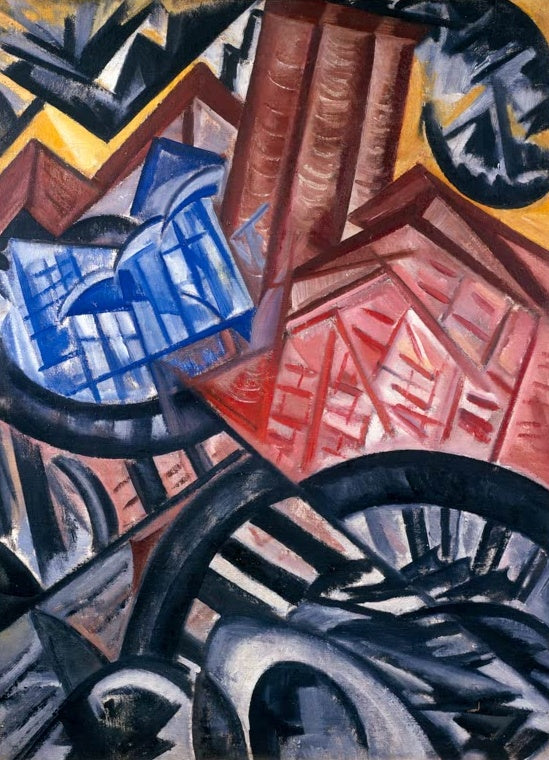 Olga Rosanowa Die Fabrik und die Brücke Kunstkopie, kubofuturistische Industrieszene mit Schornsteinen und Rädern