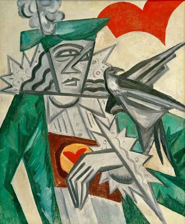 Olga Rosanowa Herz-Bube Kunstkopie, kantige Figur mit grünem Hut und dunklem Vogel auf dem Arm vor hellem Grund