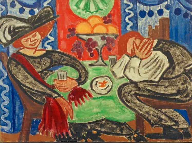 Olga Rosanowa Im Café Kunstkopie, Frau mit Hut und Glas und Mann mit verhülltem Gesicht am grünen Tisch mit Obstschale