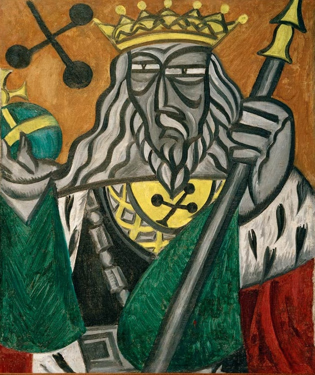 Olga Rosanowa Kreuz-König Kunstkopie, grauer bärtiger König mit Krone, Zepter und Reichsapfel vor ockerfarbenem Grund