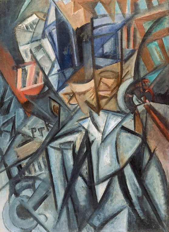 Olga Rosanowa Mann auf der Straße (Analyse der Volumen) Kunstkopie, in graublaue Facetten zerlegte Figur