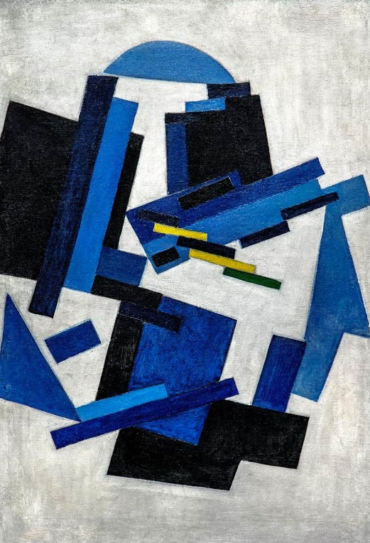 Olga Rosanowa Nicht-objektive Komposition Kunstkopie, blaue und schwarze Rechtecke, Dreiecke und Segment auf hellgrauem Grund