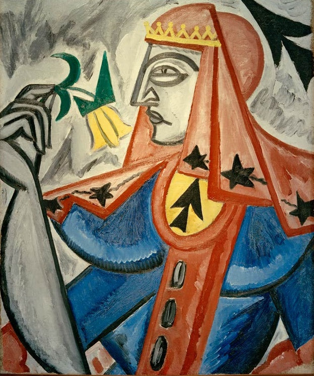 Olga Rosanowa Pik-Dame Kunstkopie, Dame im Profil mit gelber Krone und roter Kopfhülle hält eine gelbe Blüte vor grauem Grund