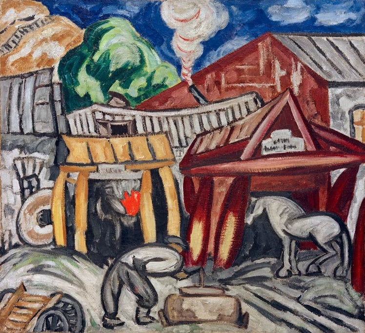 Olga Rosanowa Schmiede Kunstkopie, Schmied vor glühender Esse, graues Pferd, roter Schuppen und grüner Baum
