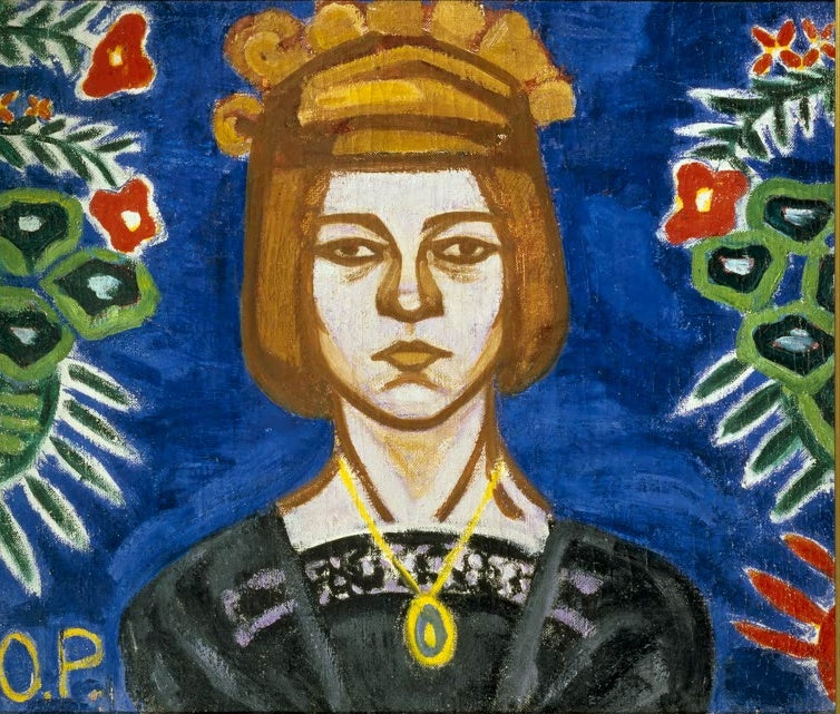Olga Rosanowa Selbstbildnis Kunstkopie, junge Frau mit Pagenkopf und gelber Kette vor blauem Grund mit Blüten